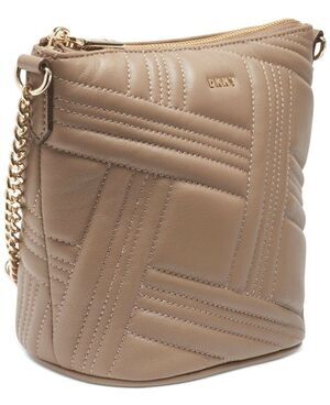 DKNY Quilted Tan Leather Bucket Bag, Crossbody Strap, Gold Hardware, NWT!